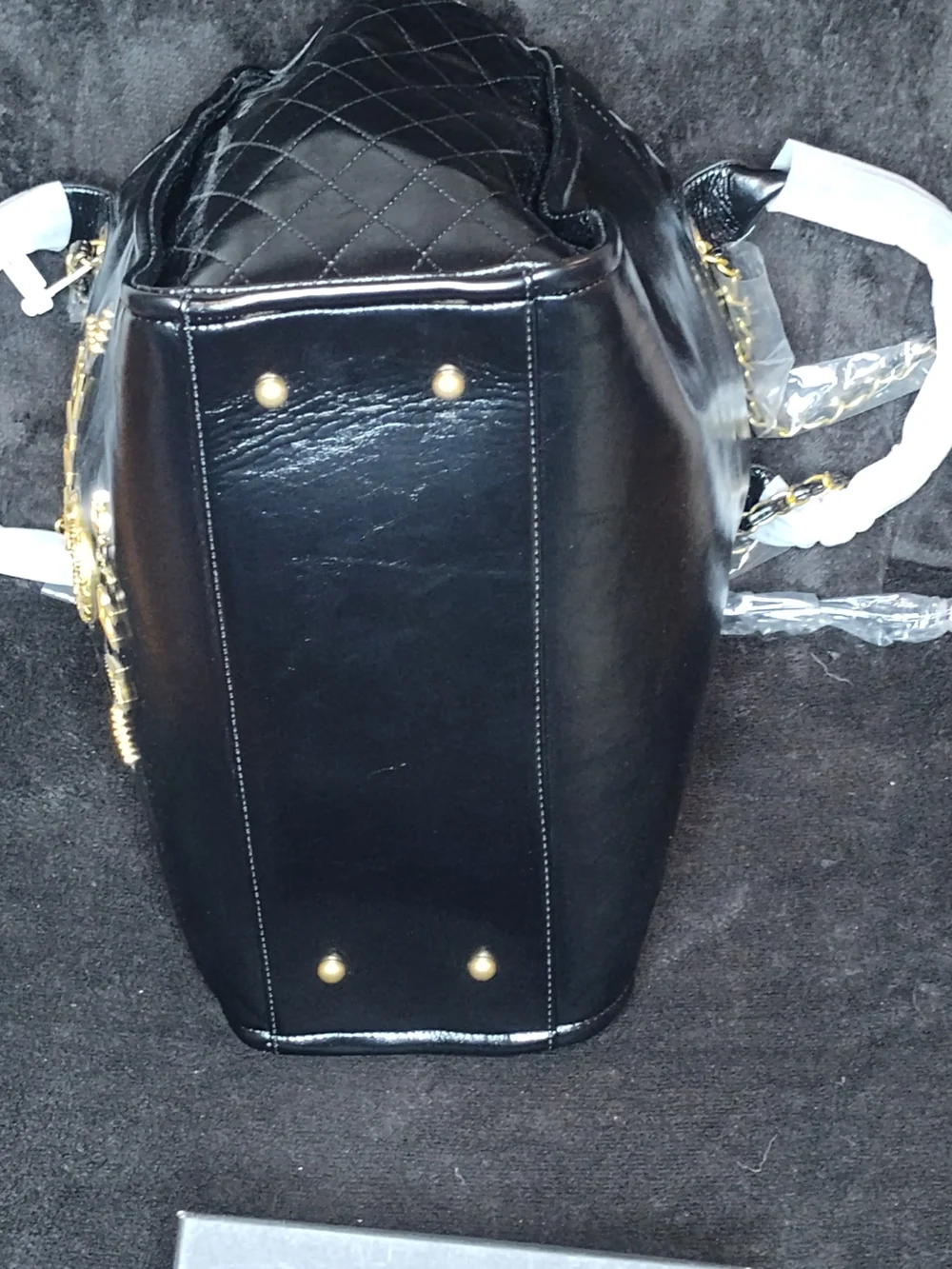 CHANEL Black Patent Quilted Tote with Gold Hardware
